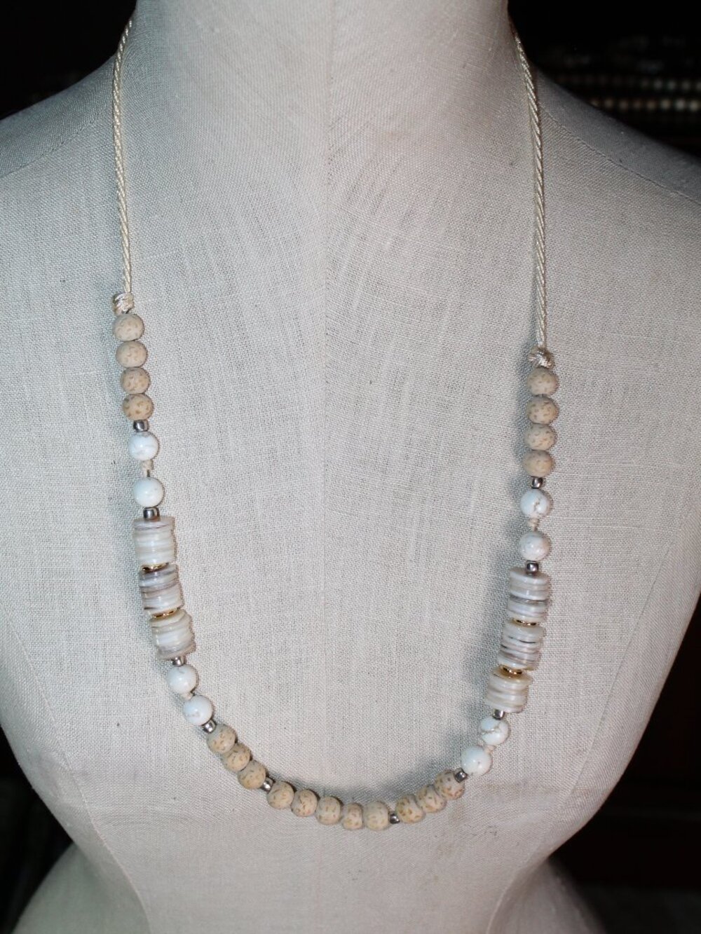 Boho Cream White Beads Disks 30" Adjustable Cord Necklace